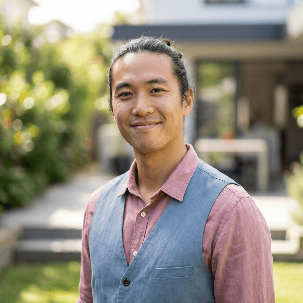 Male pool owner in his late 30s, East Asian, practical and friendly demeanor appropriate for a swimming pool business