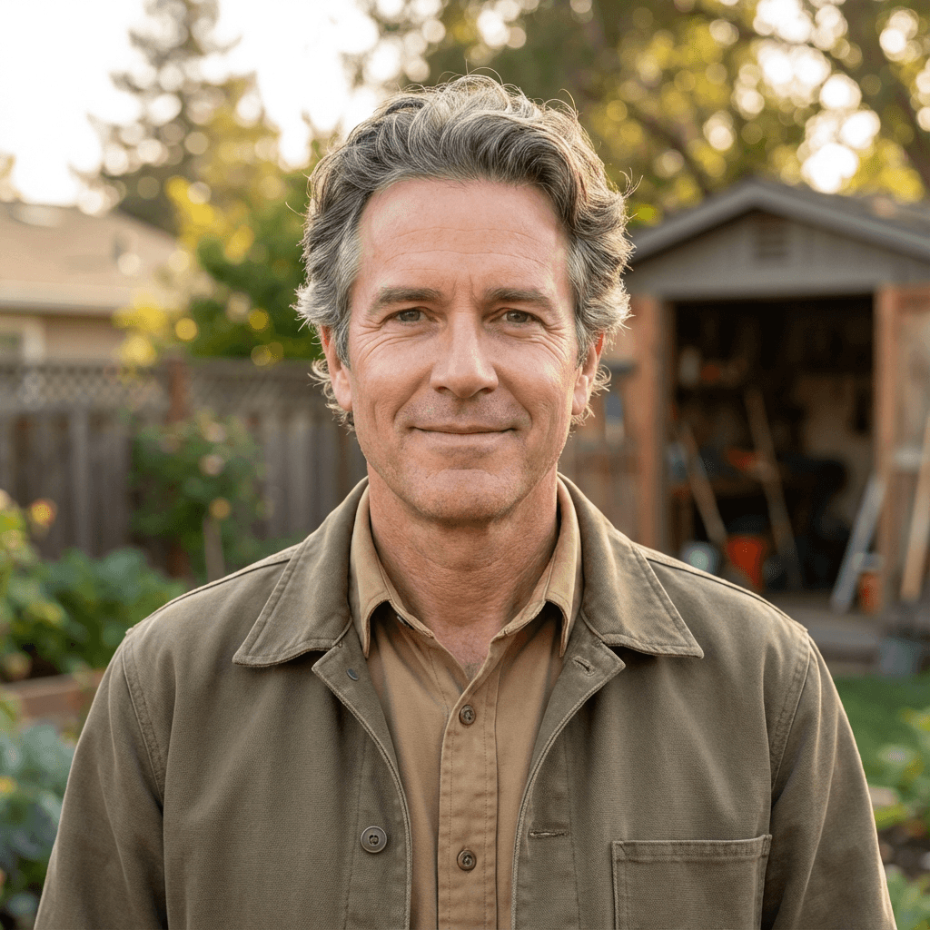 Robert Hayes in his backyard near pool equipment