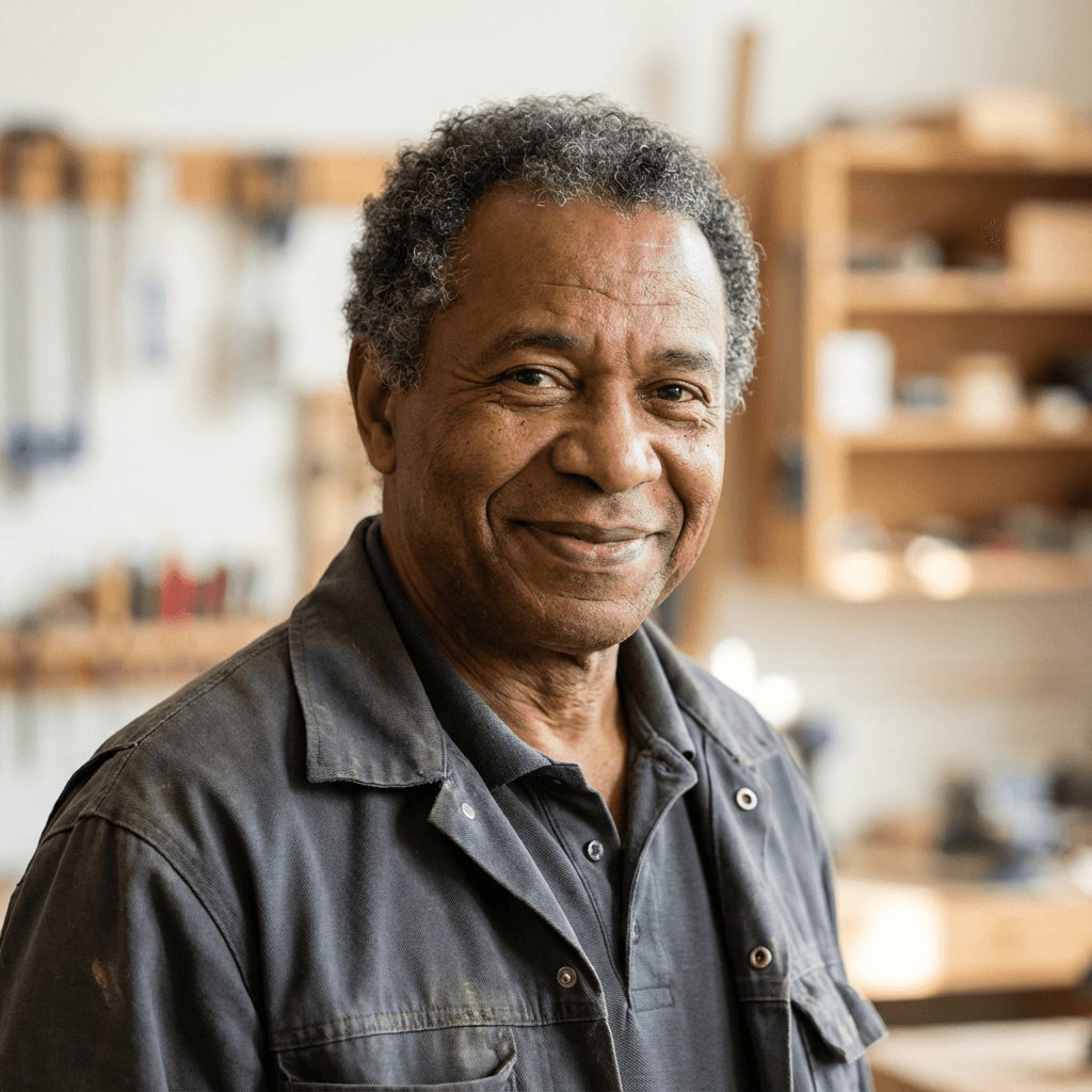 Male homeowner in his early 50s, Black, calm and credible demeanor appropriate for a swimming pool business