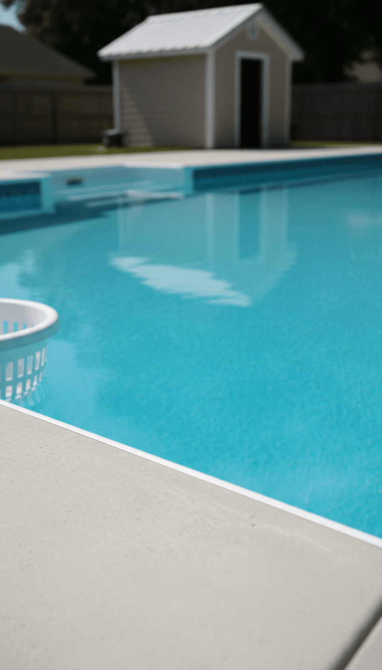 Close-up of a fresh pool liner and clean water line at a residential pool in Atlanta