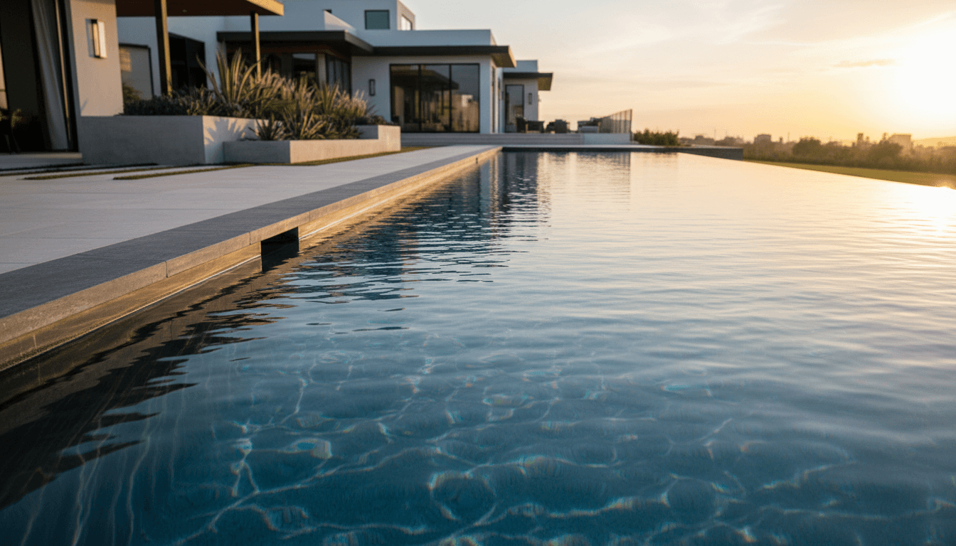Newly built residential swimming pool with clear water and clean concrete deck